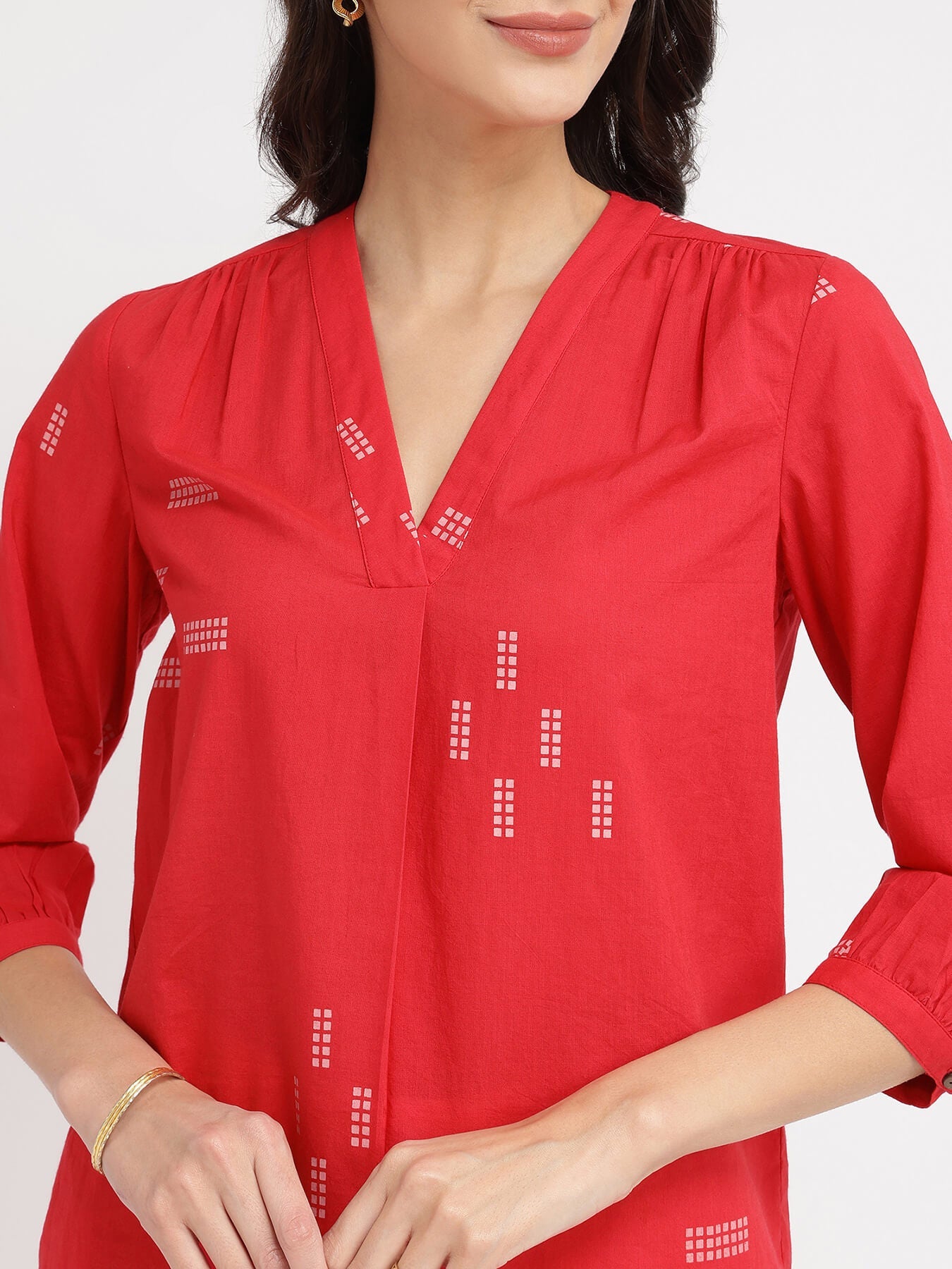 Cotton Geometric Print V-Neck Top - Red