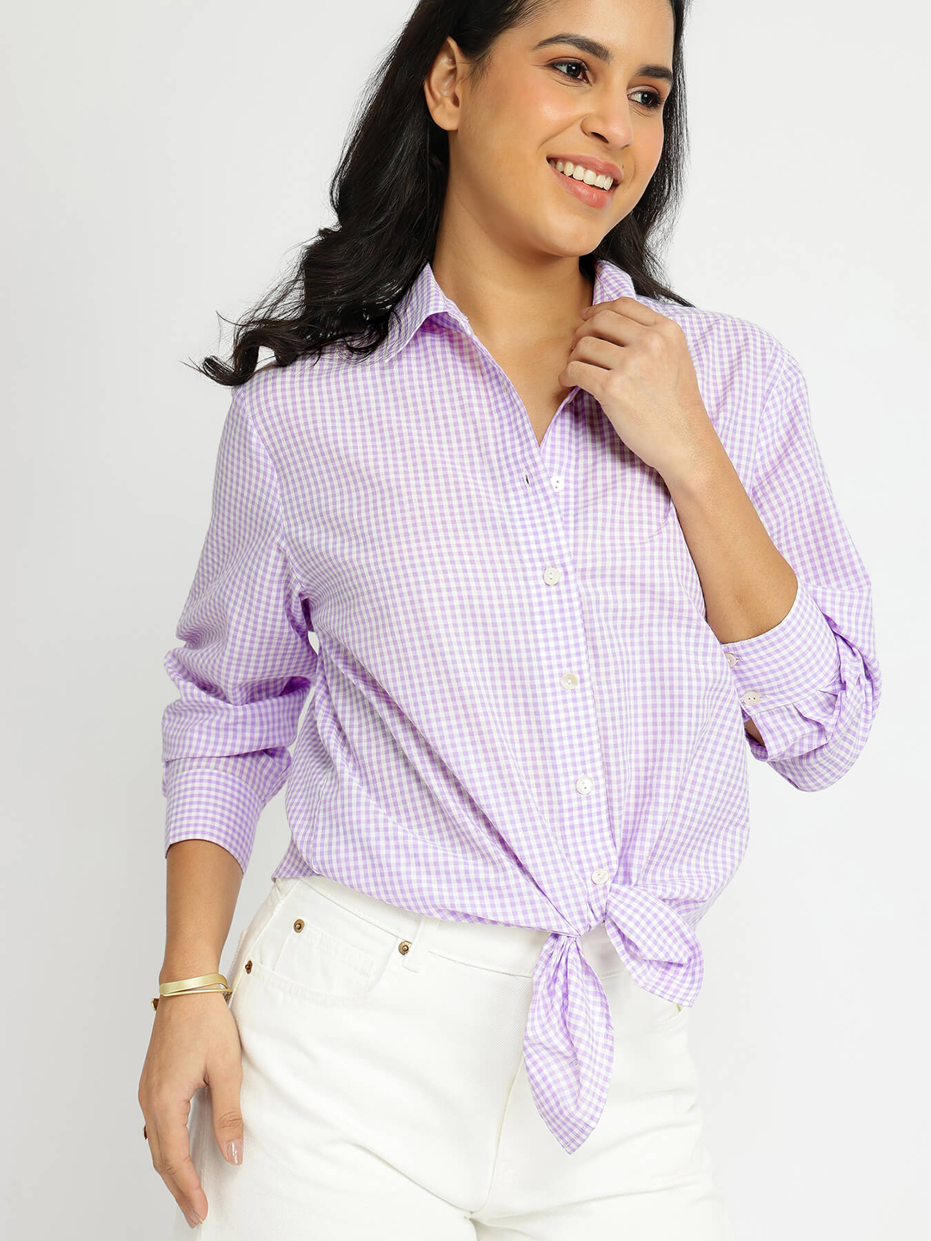 Cotton Woven Design Checked Shirt - Lilac