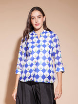 Chanderi Geometric Print Top - Blue & White