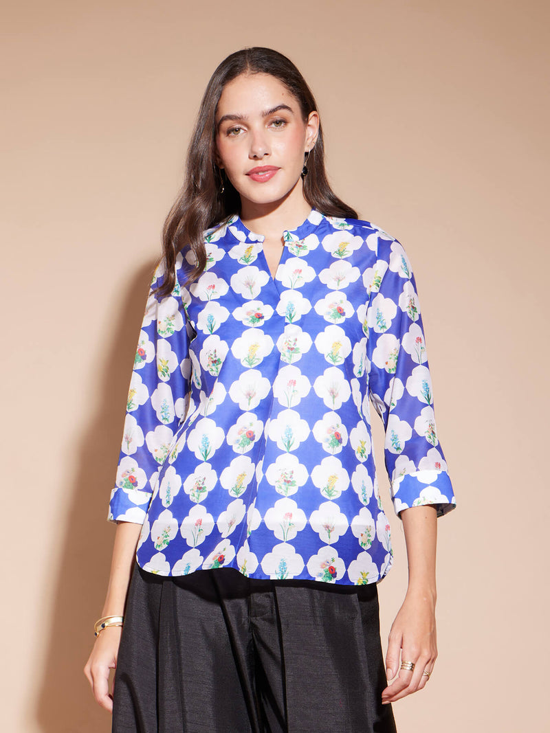 Chanderi Geometric Print Top - Blue & White