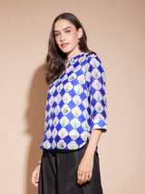 Chanderi Geometric Print Top - Blue & White