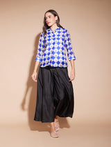 Chanderi Geometric Print Top - Blue & White