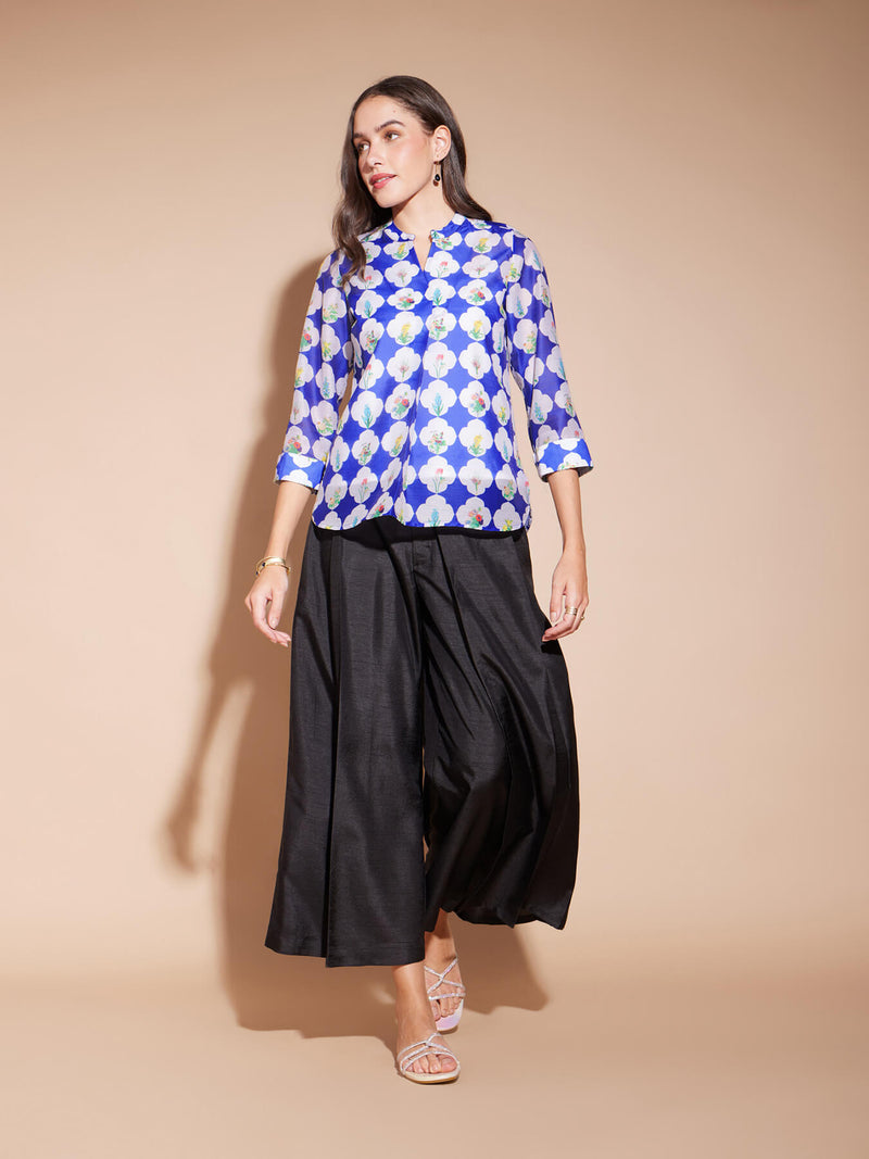 Chanderi Geometric Print Top - Blue & White