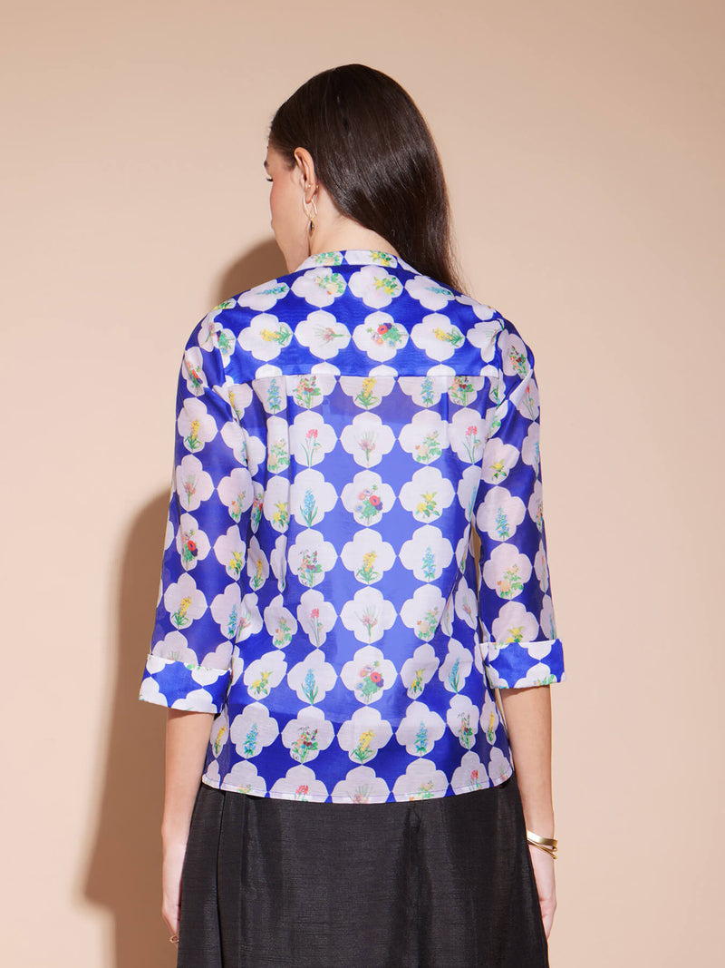 Chanderi Geometric Print Top - Blue & White