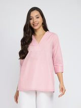 Cotton Solid Button Detail Top - Pink