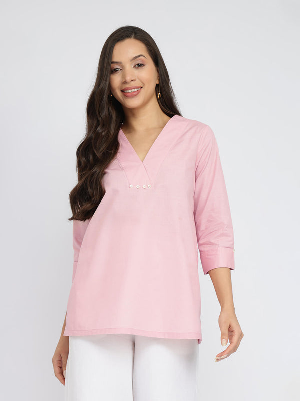 Cotton Solid Button Detail Top - Pink