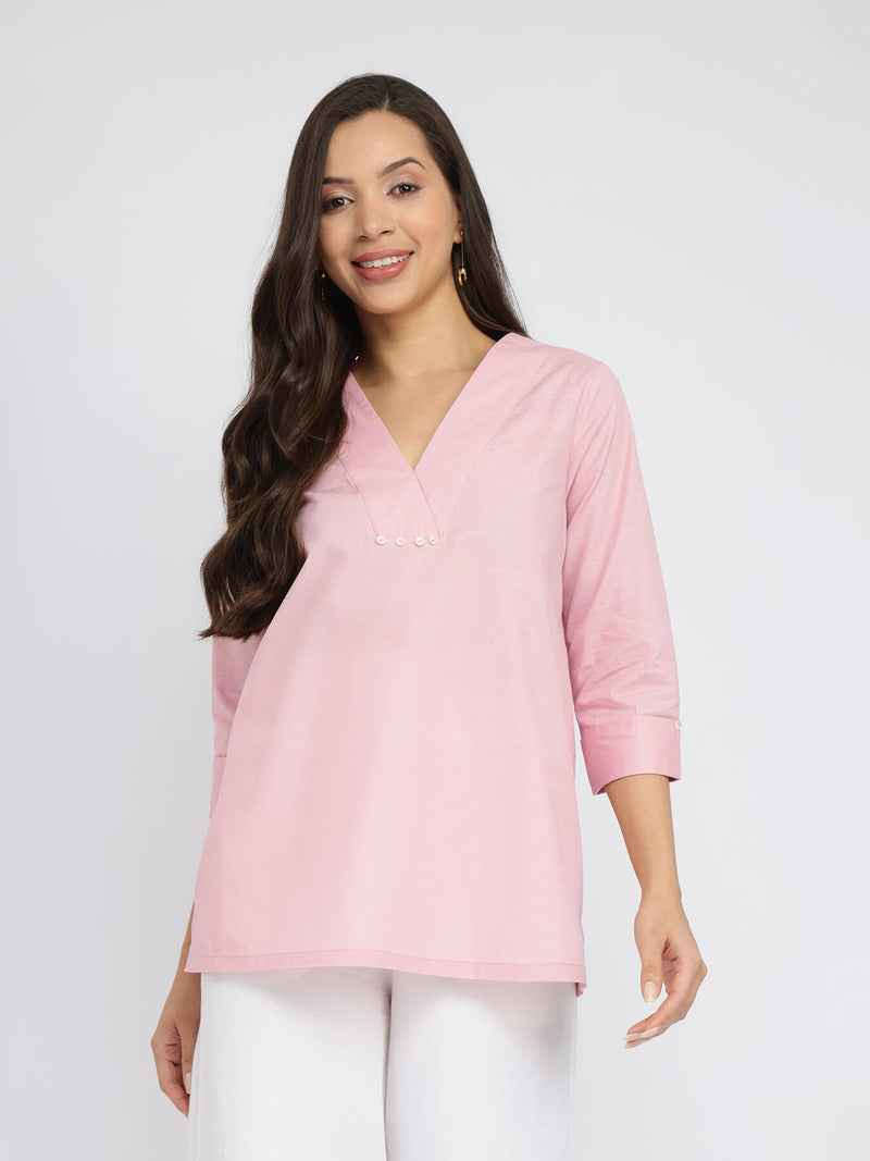 Cotton Solid Button Detail Top - Pink