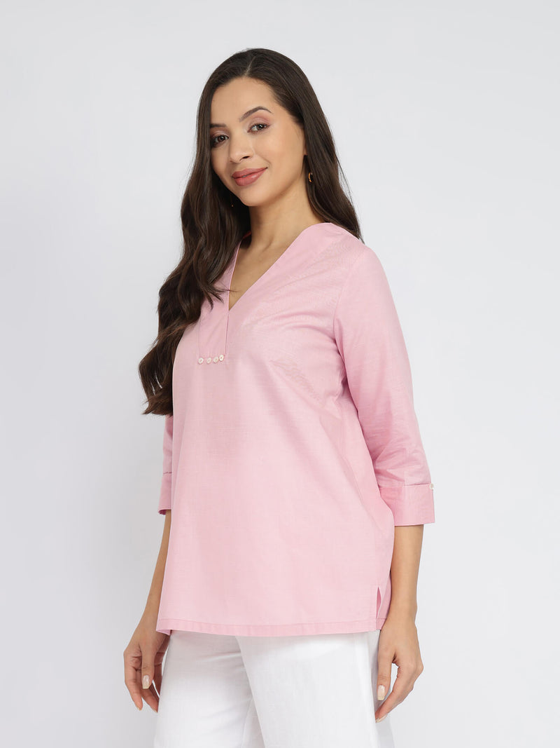 Cotton Solid Button Detail Top - Pink