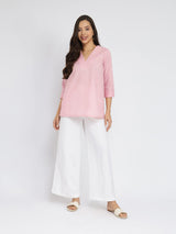 Cotton Solid Button Detail Top - Pink