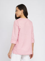 Cotton Solid Button Detail Top - Pink
