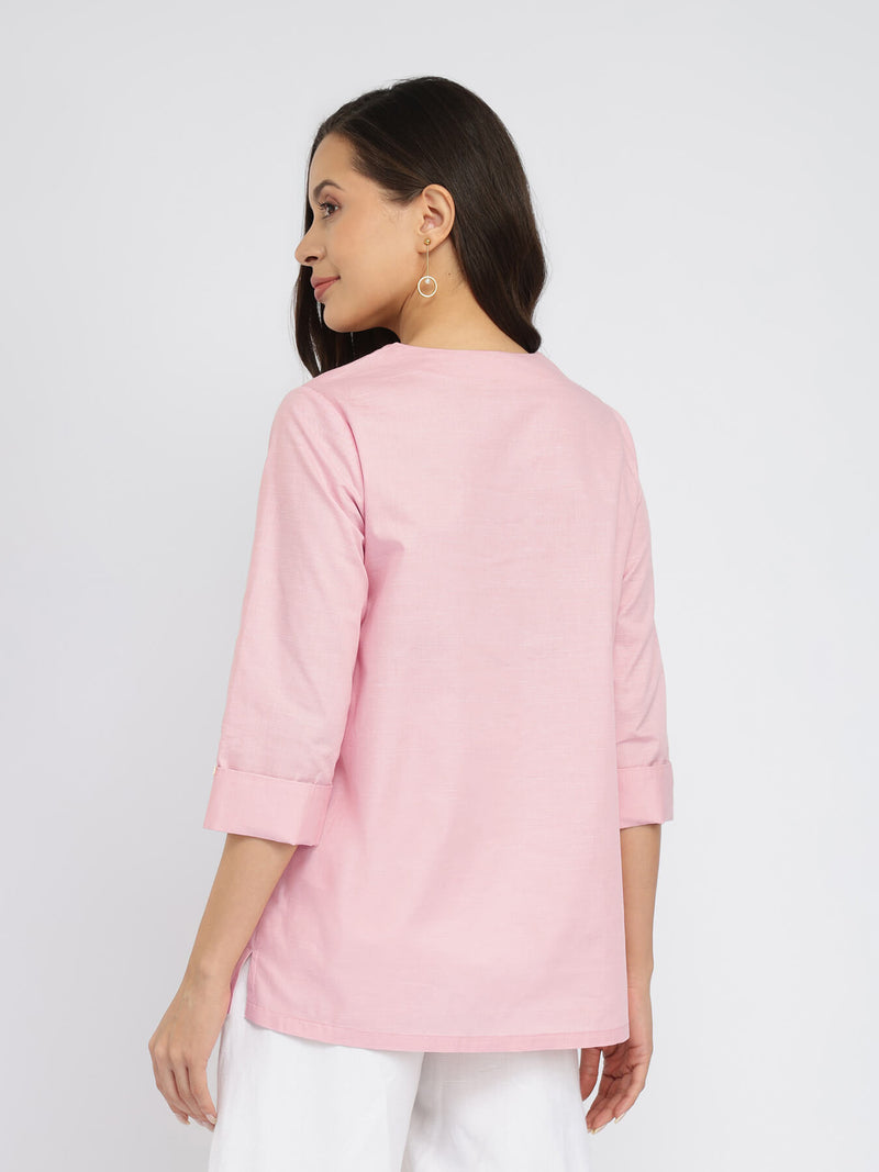 Cotton Solid Button Detail Top - Pink