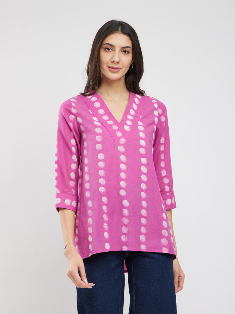 Cotton Dabu Polka Print Top - Pink