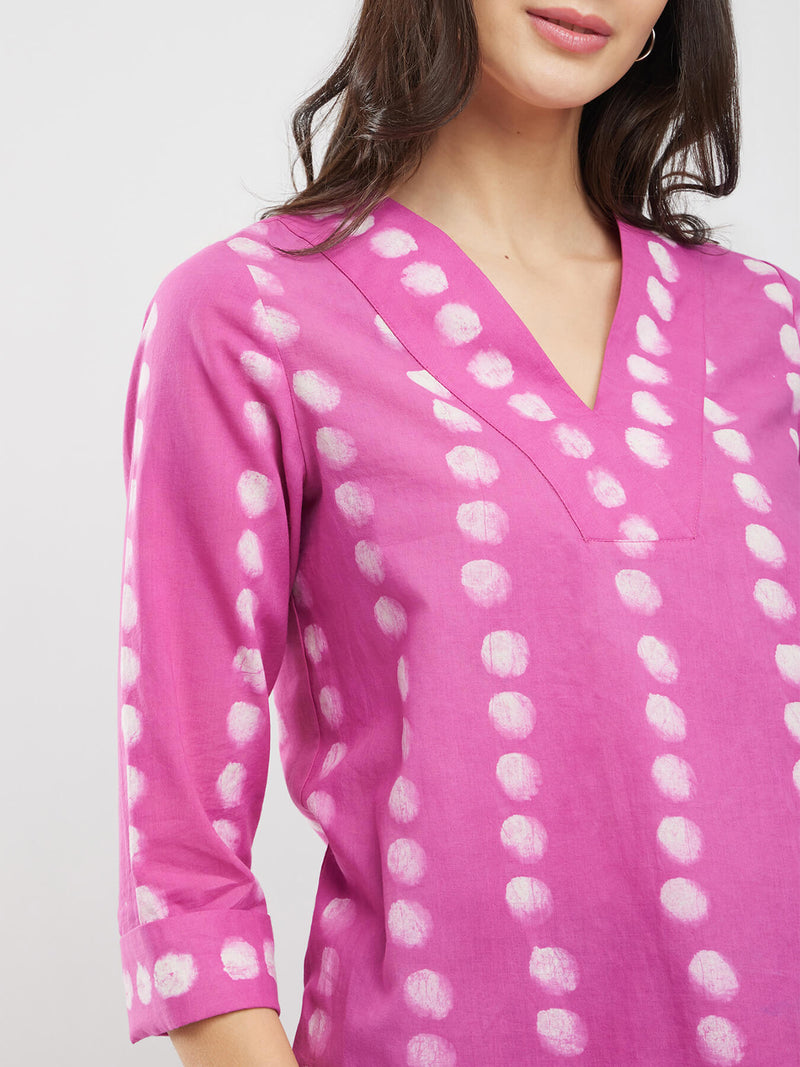 Cotton Dabu Polka Print Top - Pink