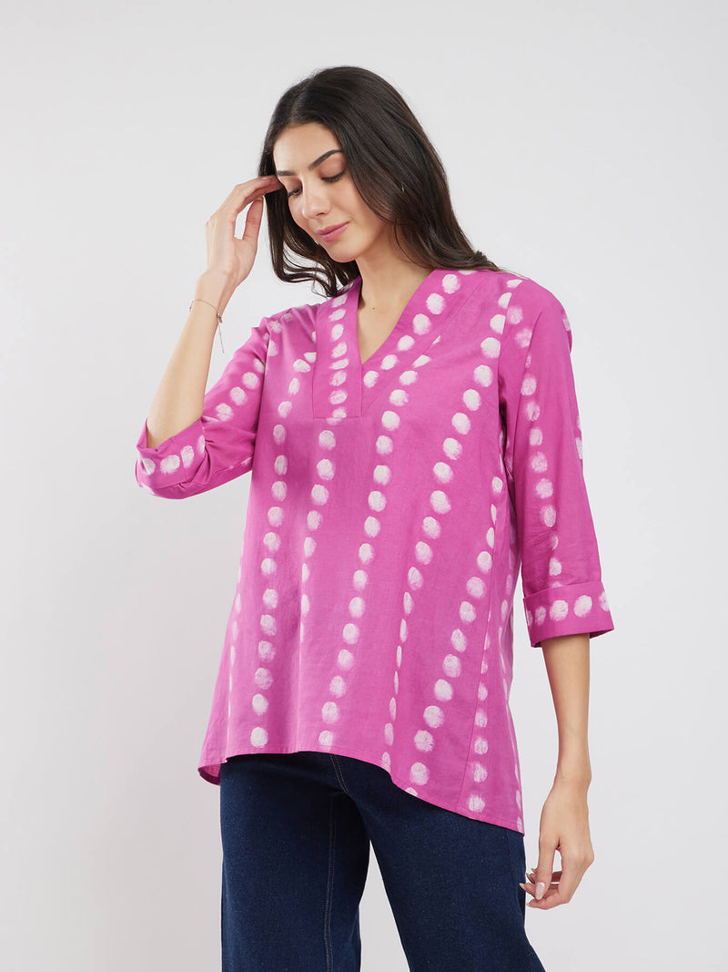 Cotton Dabu Polka Print Top - Pink