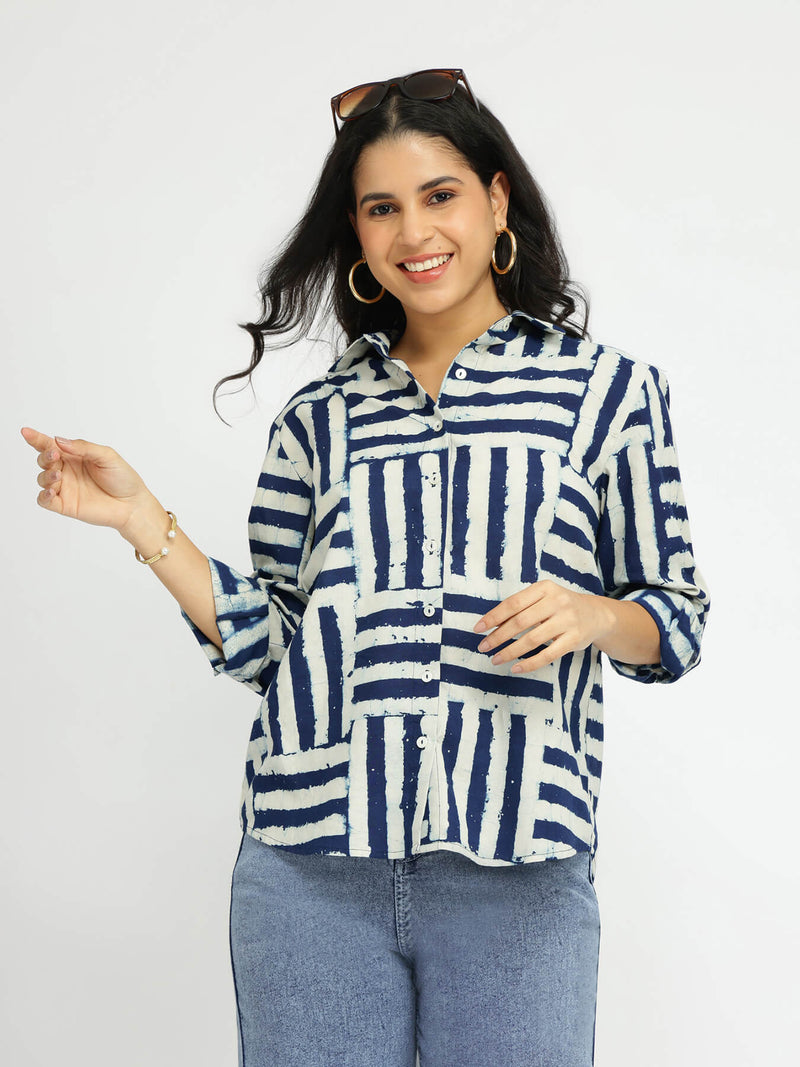 Cotton Dabu Geometric Print Shirt - Indigo