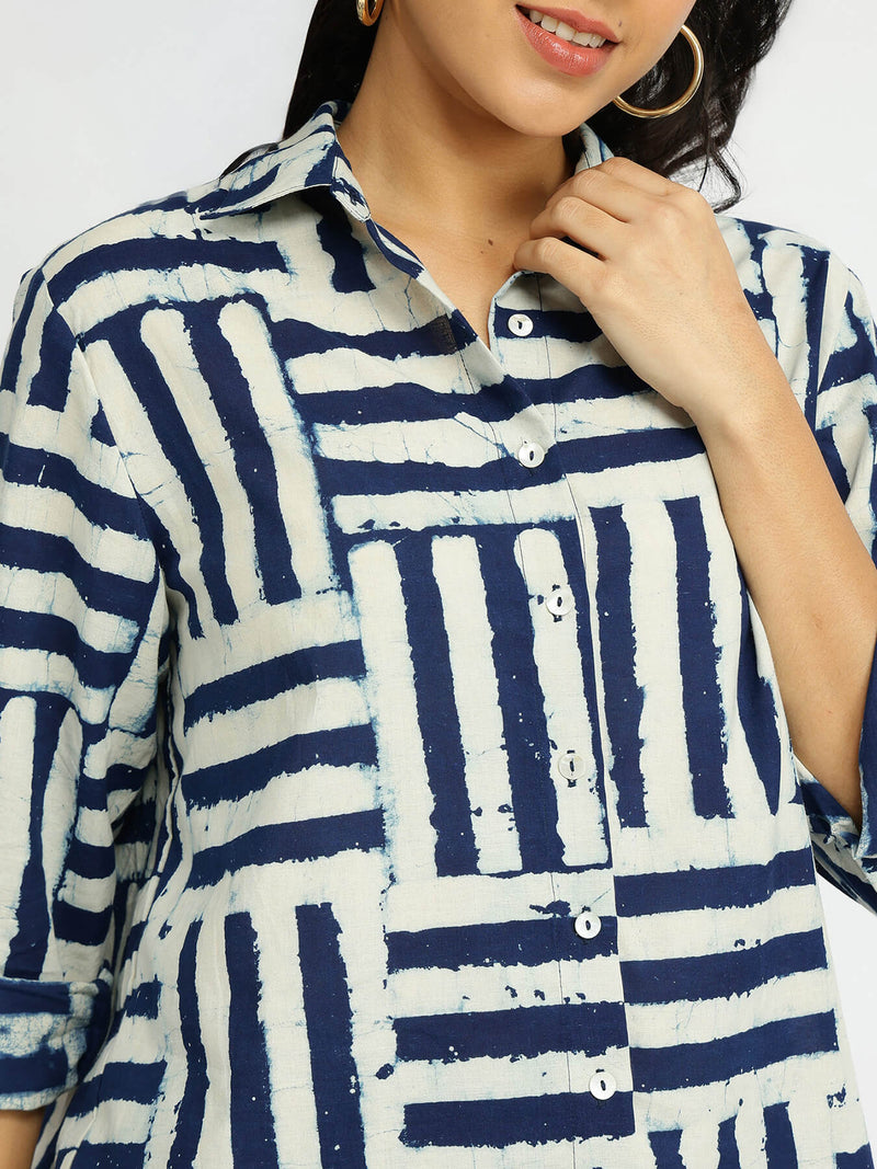 Cotton Dabu Geometric Print Shirt - Indigo