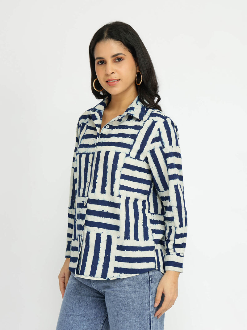Cotton Dabu Geometric Print Shirt - Indigo