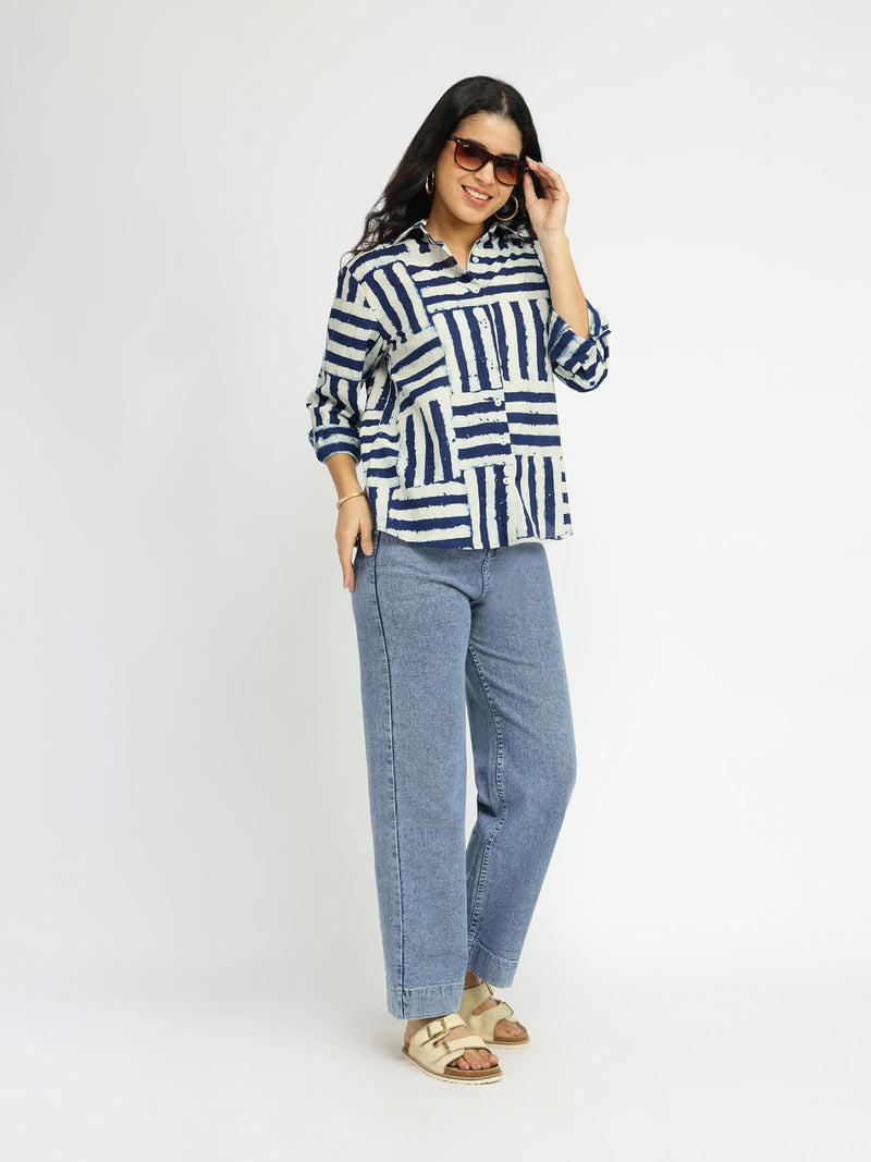 Cotton Dabu Geometric Print Shirt - Indigo