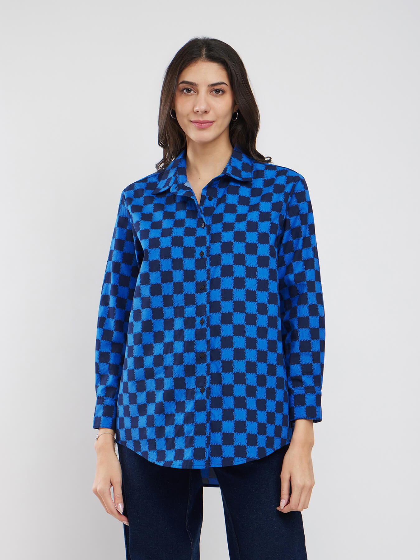 Cotton Checked Boxy Shirt - Blue