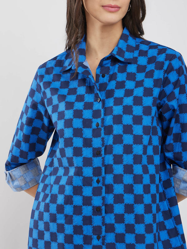 Cotton Checked Boxy Shirt - Blue