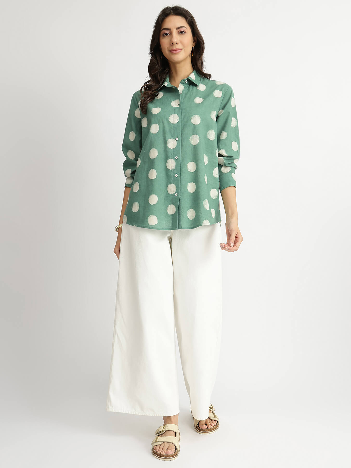 Cotton Dabu Polka Print Shirt - Green