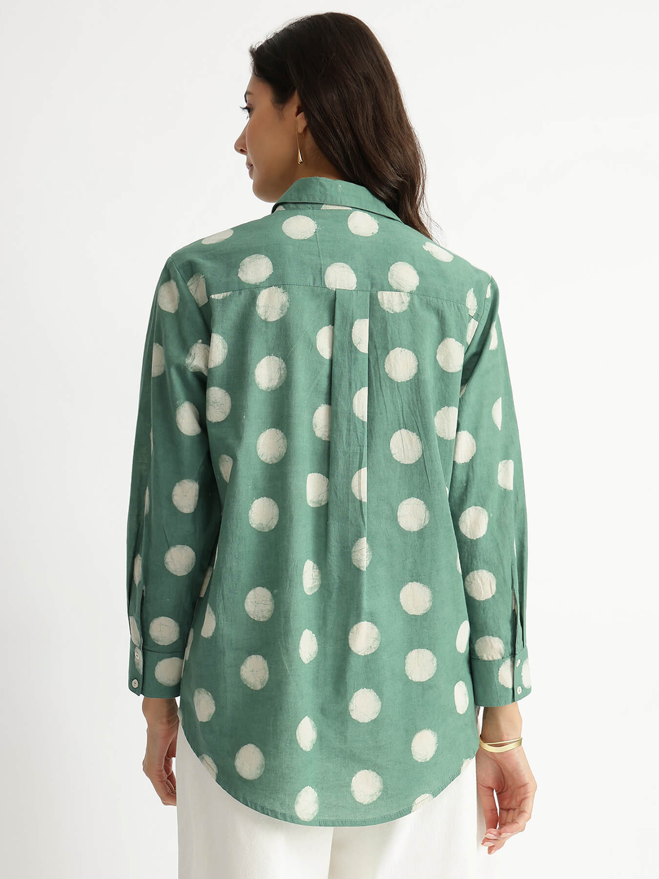 Cotton Dabu Polka Print Shirt - Green