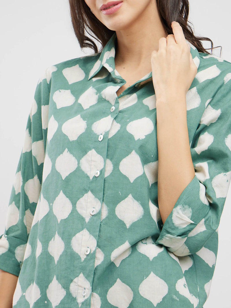 Cotton Dabu Abstract Print Shirt - Green