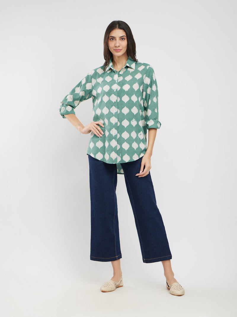 Cotton Dabu Abstract Print Shirt - Green