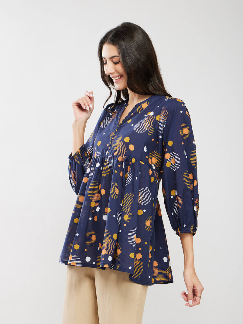 Cotton Print Play Top - Navy Blue