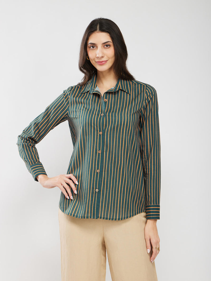 Cotton Striped Relaxed Shirt - Green