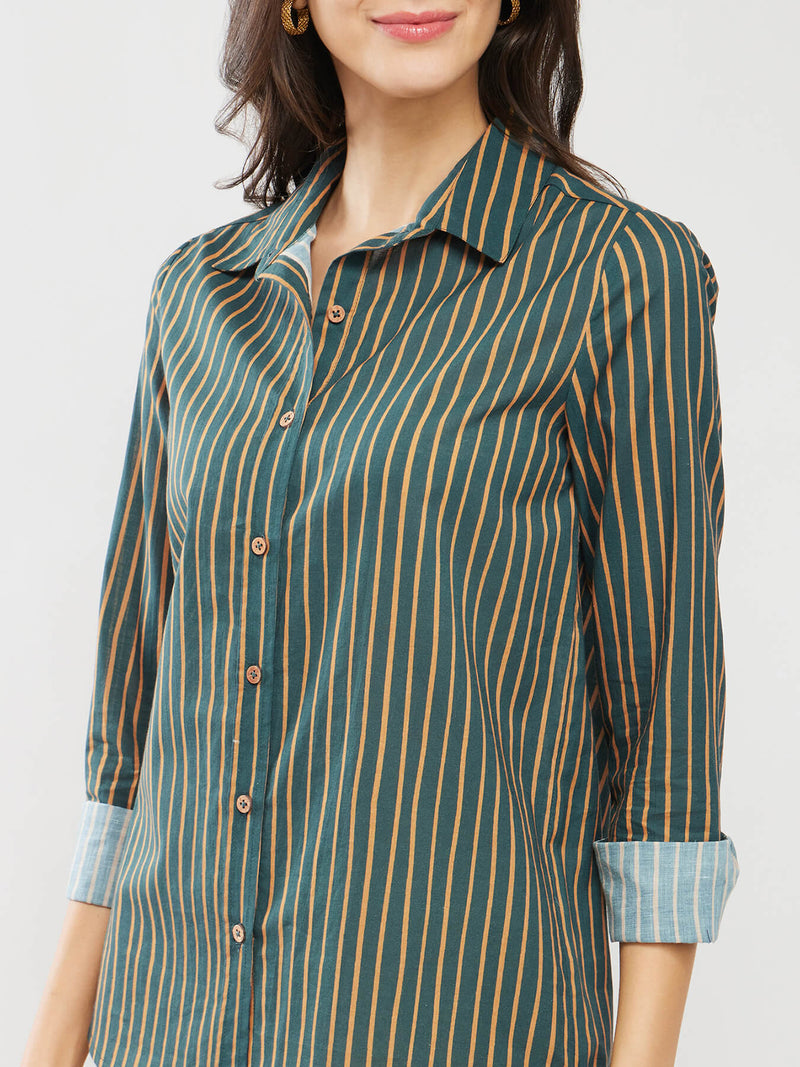 Cotton Striped Relaxed Shirt - Green