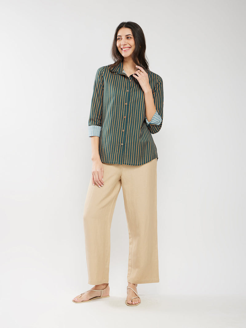 Cotton Striped Relaxed Shirt - Green