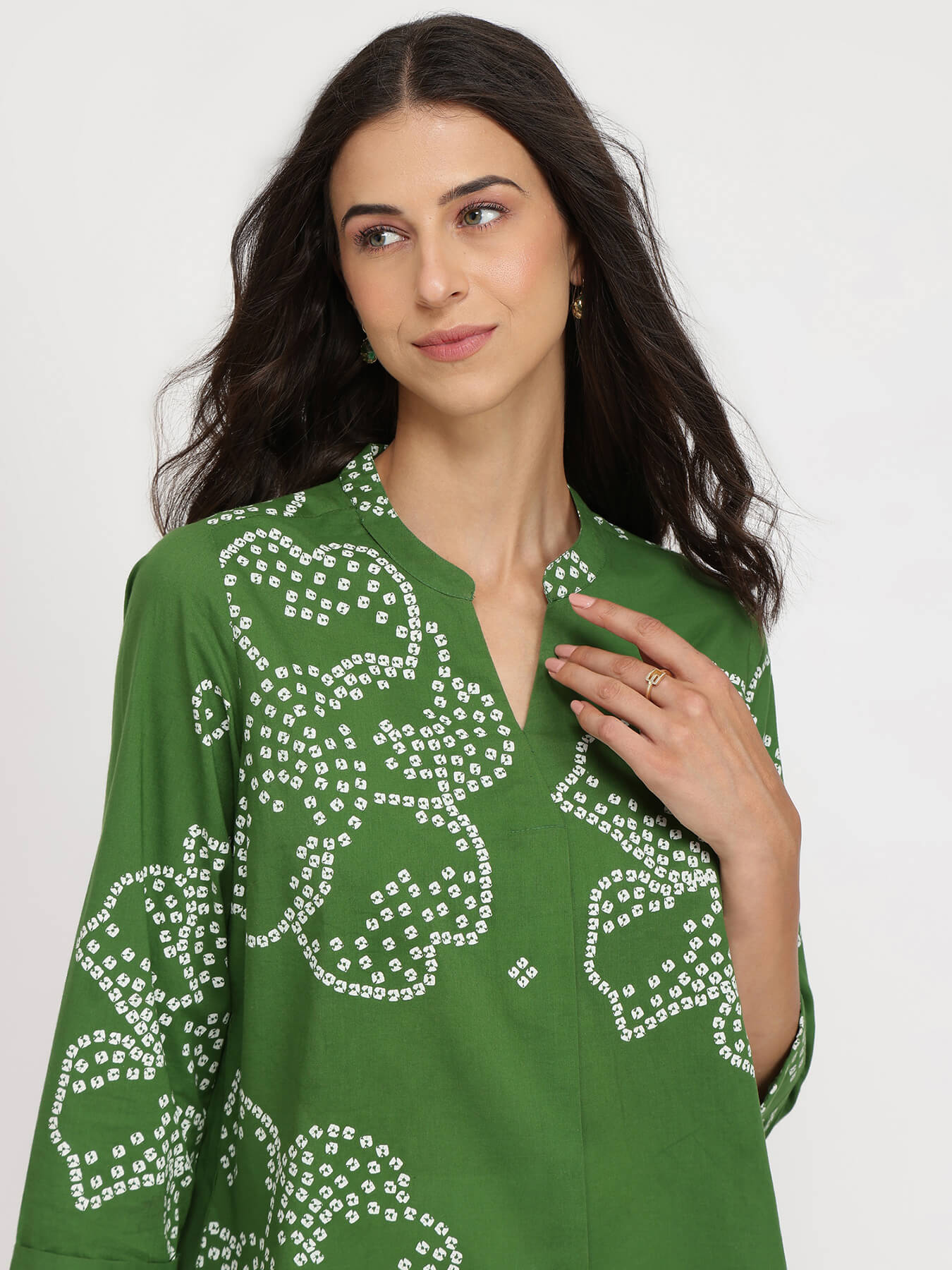 Cotton Bandhani Floral Pleated Top - Green