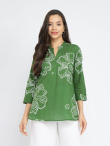 Cotton Bandhani Floral Pleated Top - Green