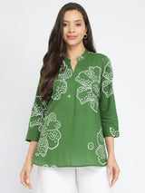 Cotton Bandhani Floral Pleated Top - Green