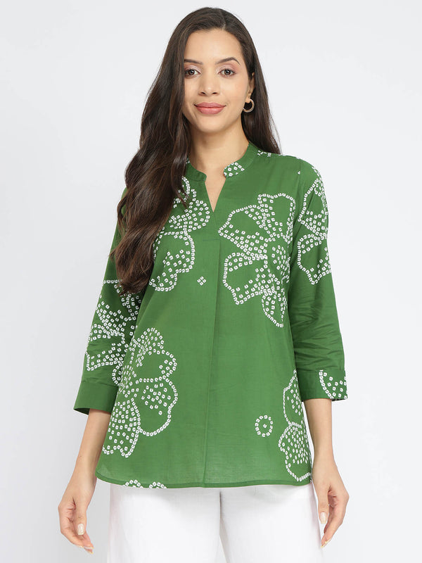 Cotton Bandhani Floral Pleated Top - Green