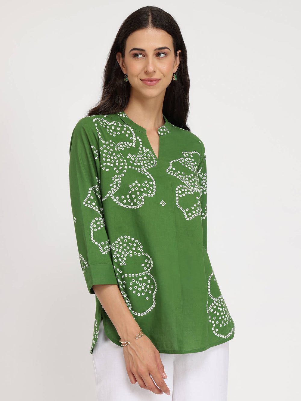 BuyGreen Cotton Bandhani Floral Pleated Top Online | Pink Fort