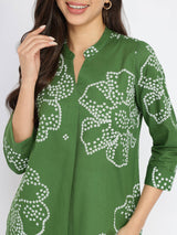 Cotton Bandhani Floral Pleated Top - Green