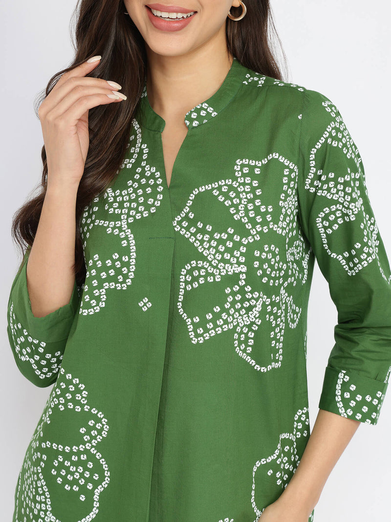 Cotton Bandhani Floral Pleated Top - Green