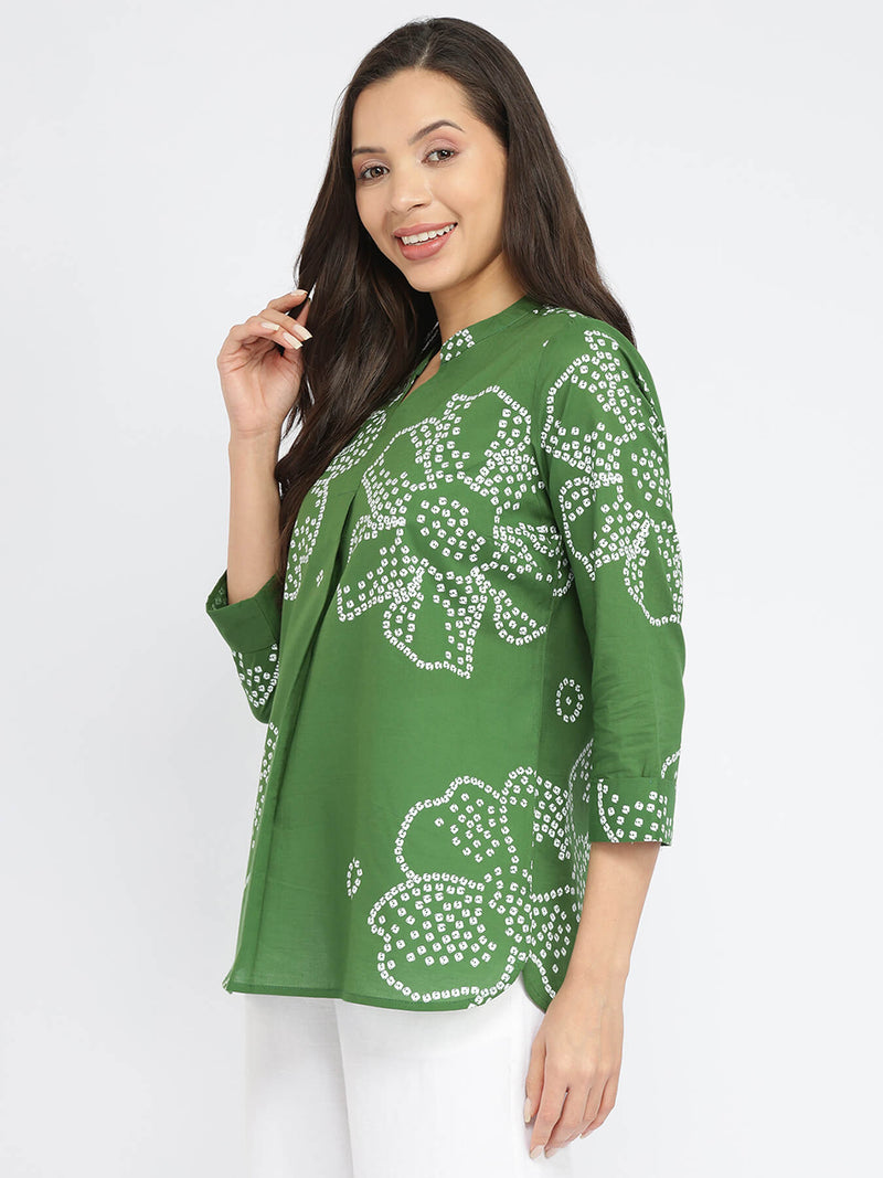 Cotton Bandhani Floral Pleated Top - Green