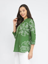 Cotton Bandhani Floral Pleated Top - Green