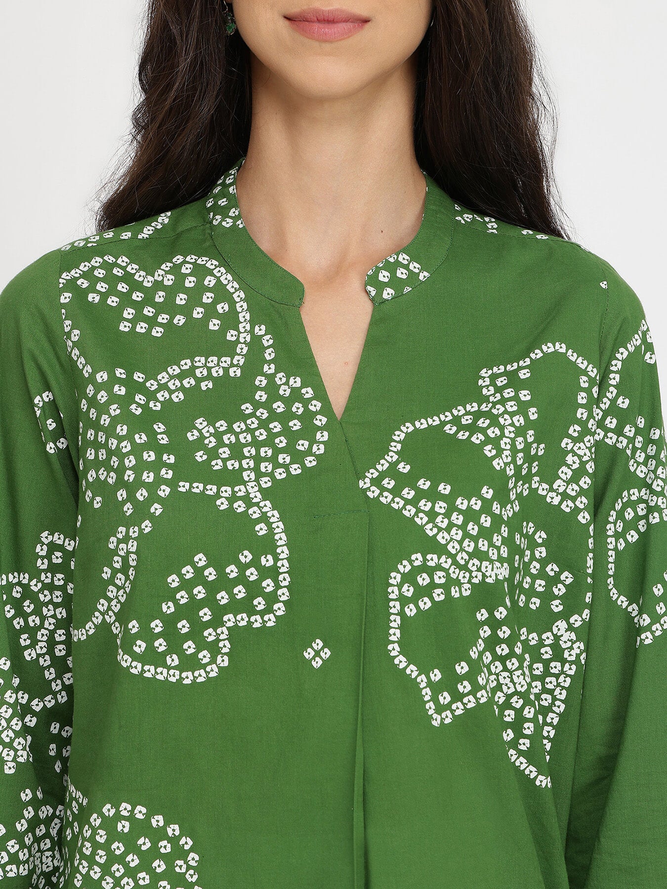 Cotton Bandhani Floral Pleated Top - Green