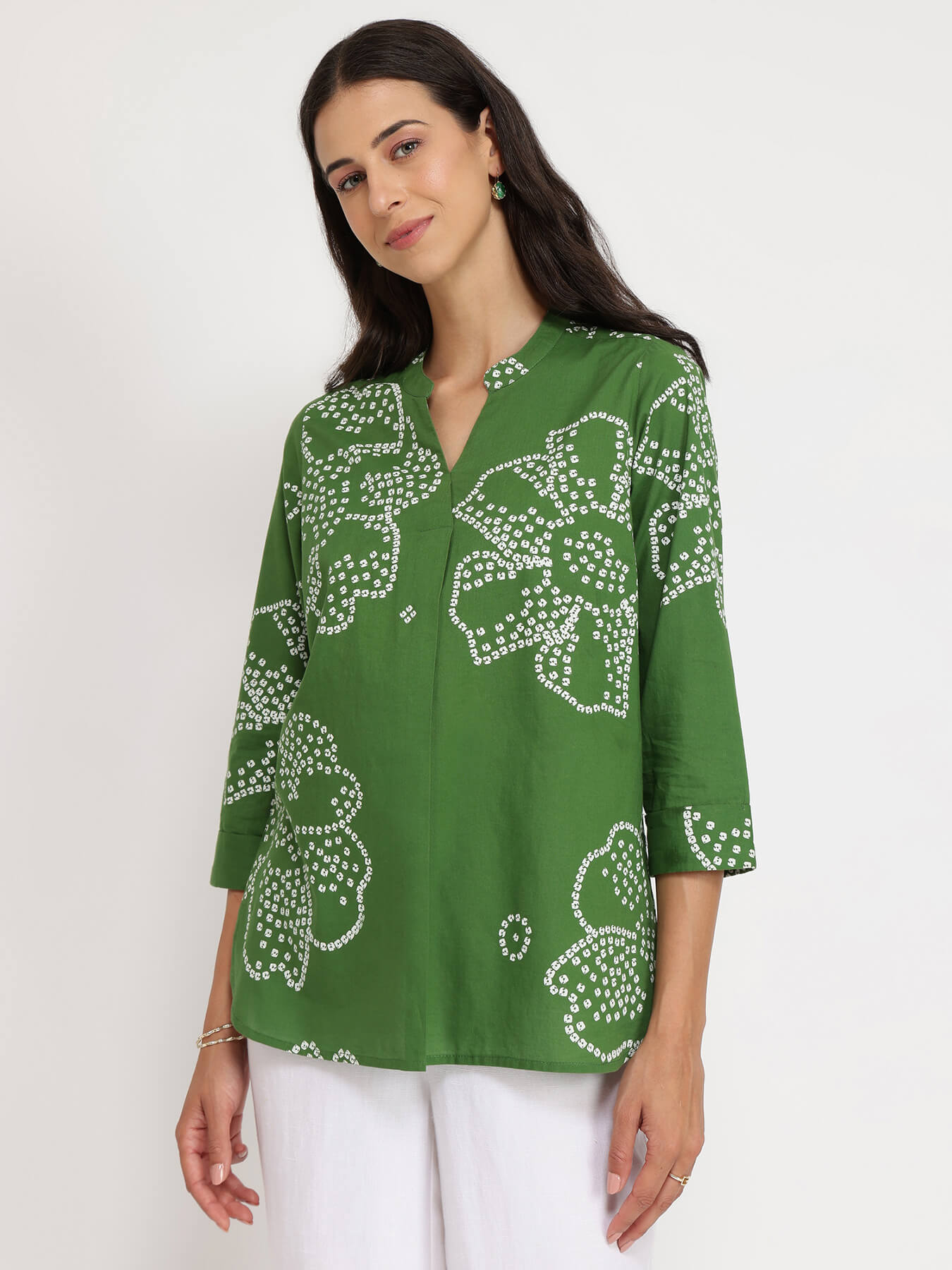 Cotton Bandhani Floral Pleated Top - Green