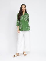 Cotton Bandhani Floral Pleated Top - Green