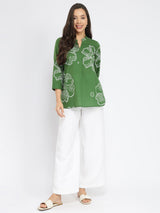 Cotton Bandhani Floral Pleated Top - Green