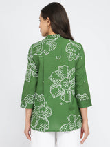 Cotton Bandhani Floral Pleated Top - Green