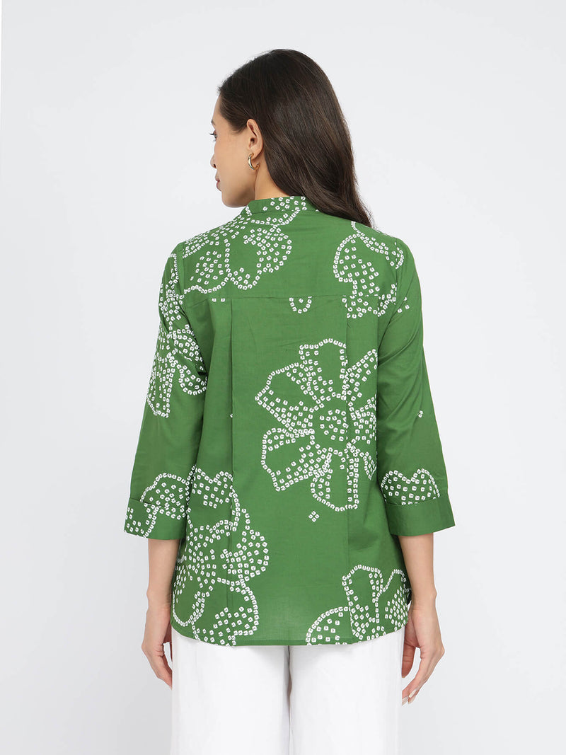 Cotton Bandhani Floral Pleated Top - Green