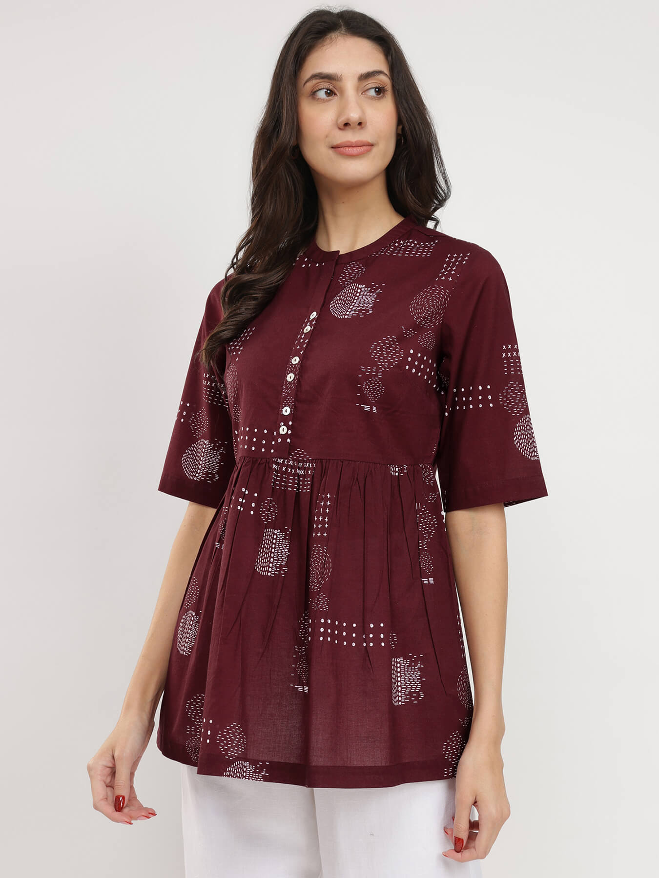 Cotton Geometric Print Tunic - Burgundy