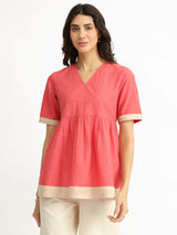 Cotton Handwoven Colourblock Top - Pink & Beige