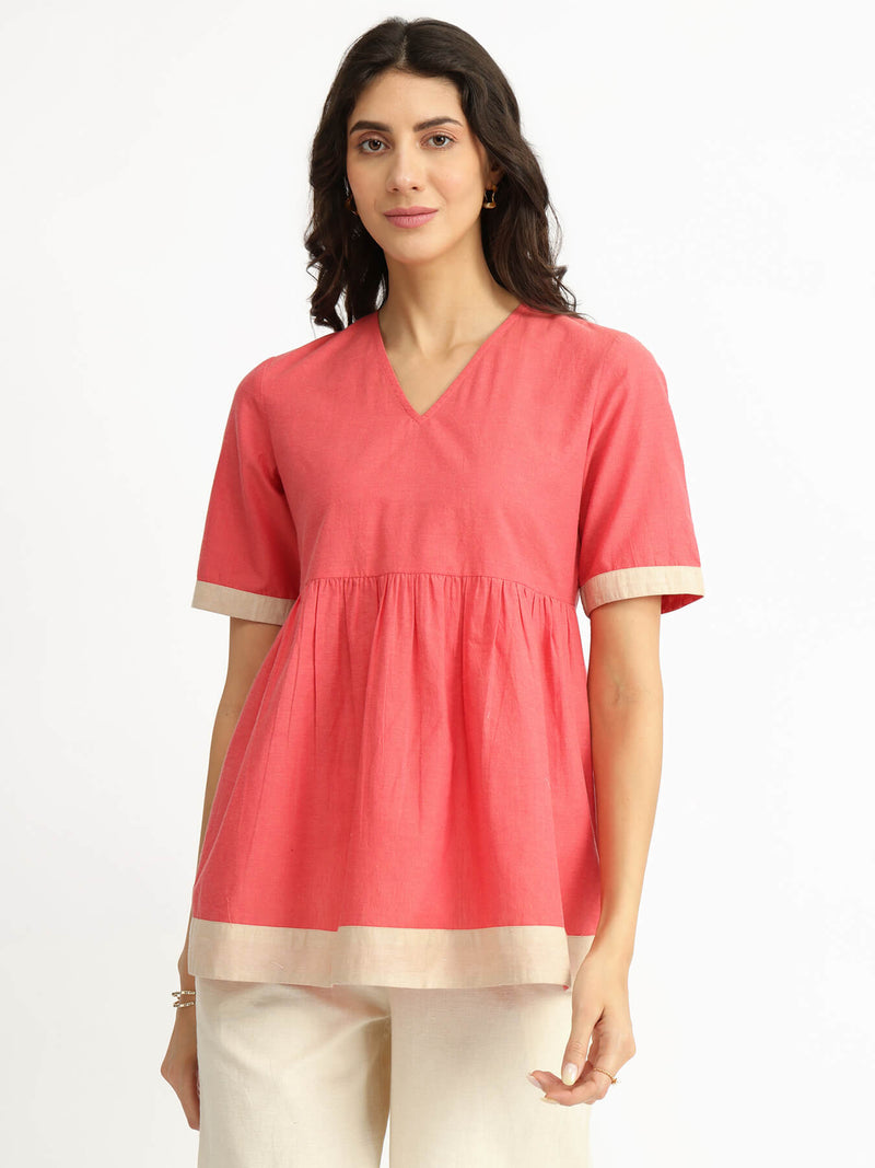 Cotton Handwoven Colourblock Top - Pink & Beige